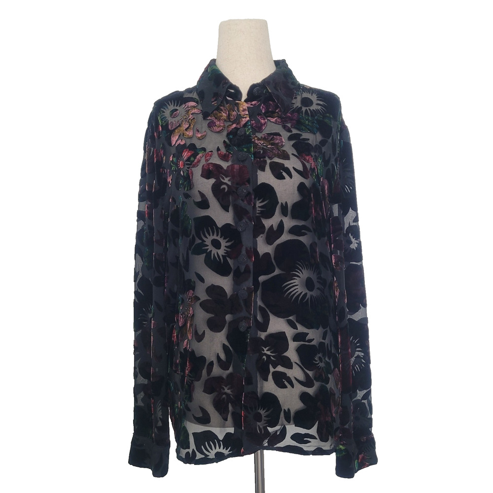VTG Floral Velvet Burnout Button Up Size L Whimsigoth Fairy Grunge Iridescent